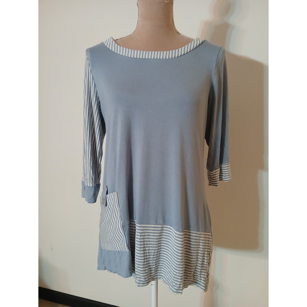 Michael Tyler Blue White Striped Bamboo Rayon Tunic 3/4 Sleeve Small Lagenlook